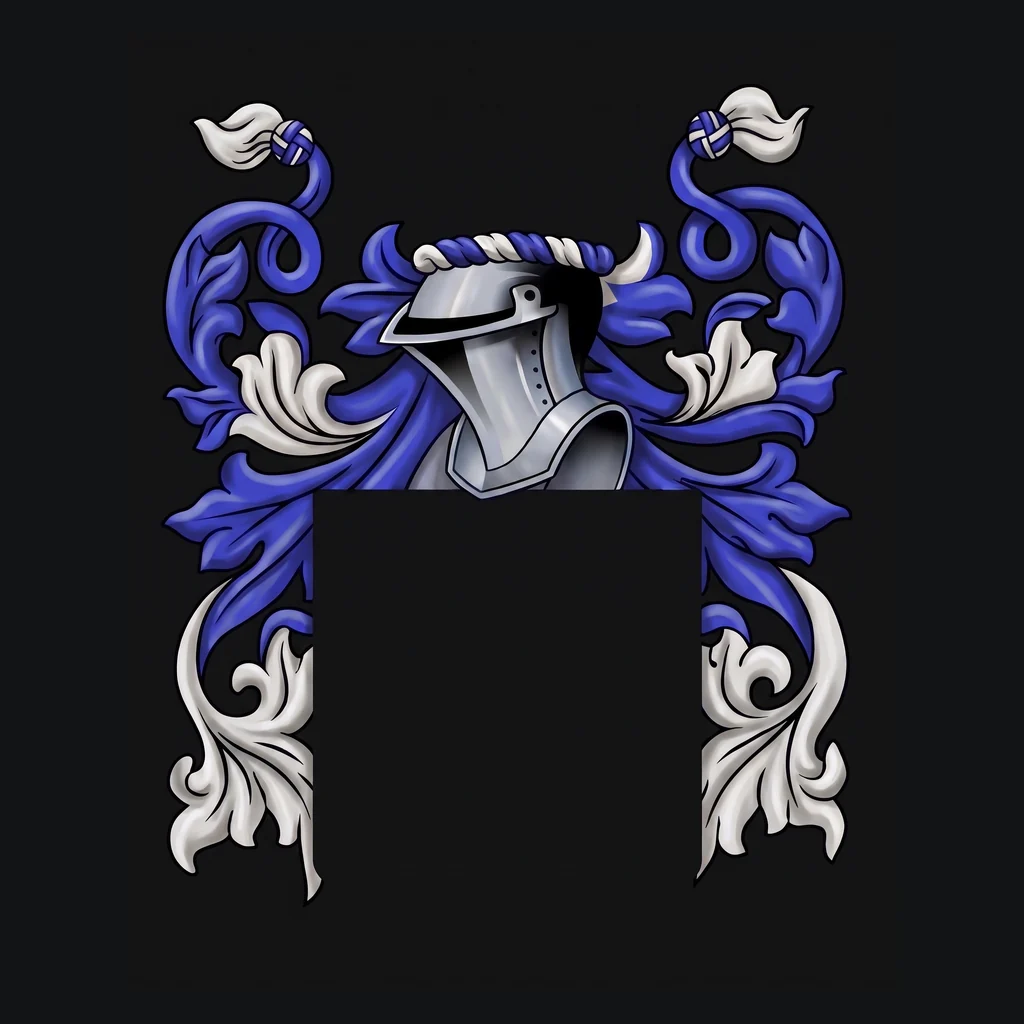 The restored Deason mantling and esquire's helm in azure doubled argent